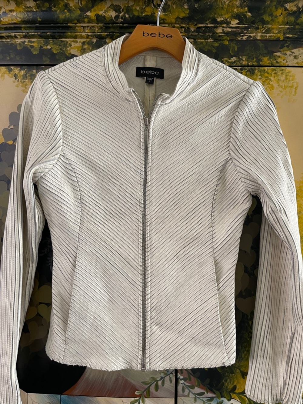 bebe White leather  Textured Diagonal Zip Leather Jacket